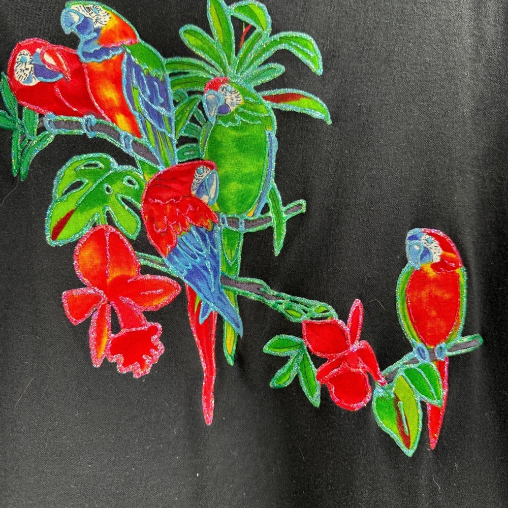 Vintage 90s Parrot Embroidered Applique Shirt Women's Small Black Artsy USA Made - Picture 3 of 7